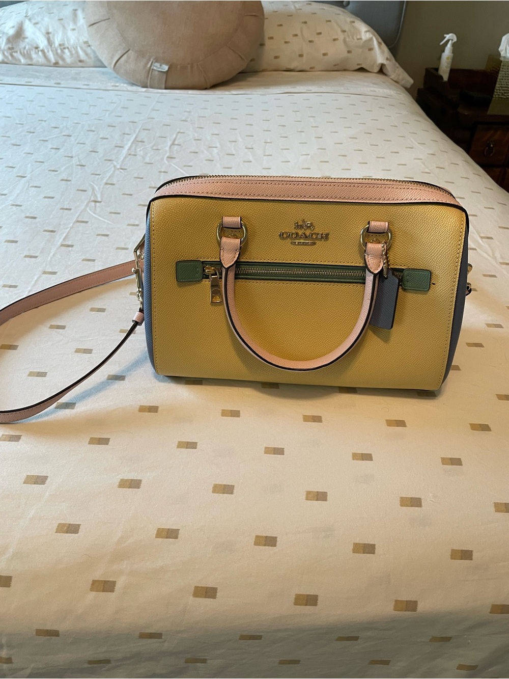Coach Colorblock Leather Satchel in Yellow, Pink and Green Accents